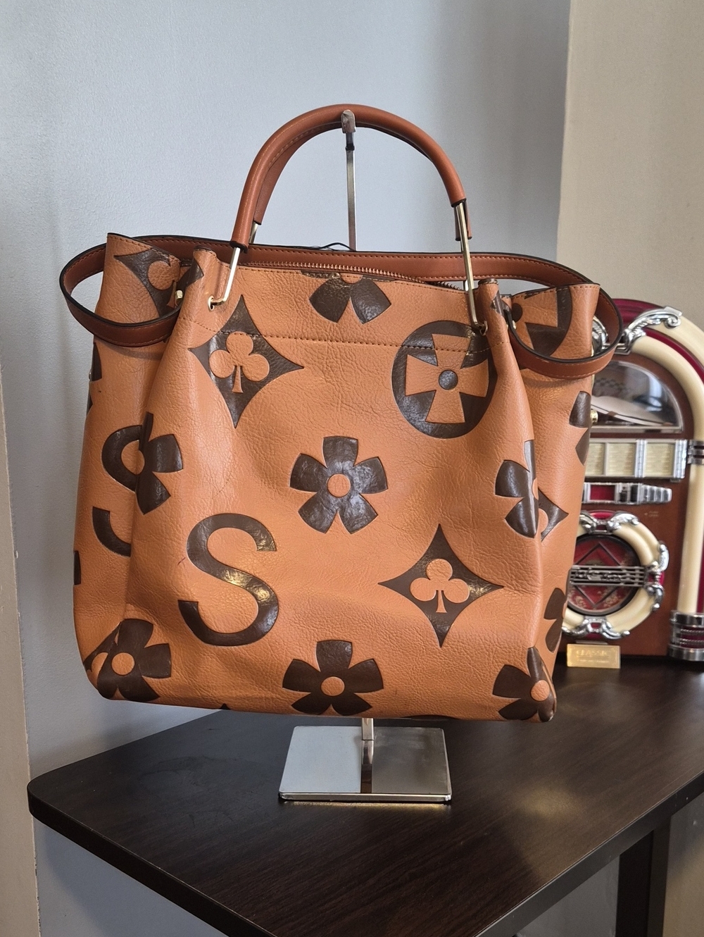 Tan Leather Tote with Dark Monogram Motif